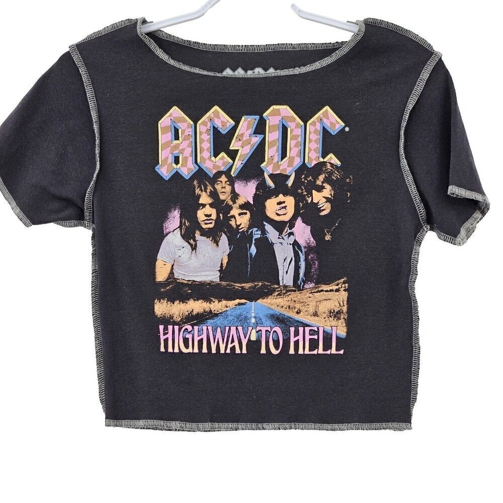 ACDC Graphic Tee Crop Top Gray Women’s Size S Boho Festival Hippie Grunge Moto